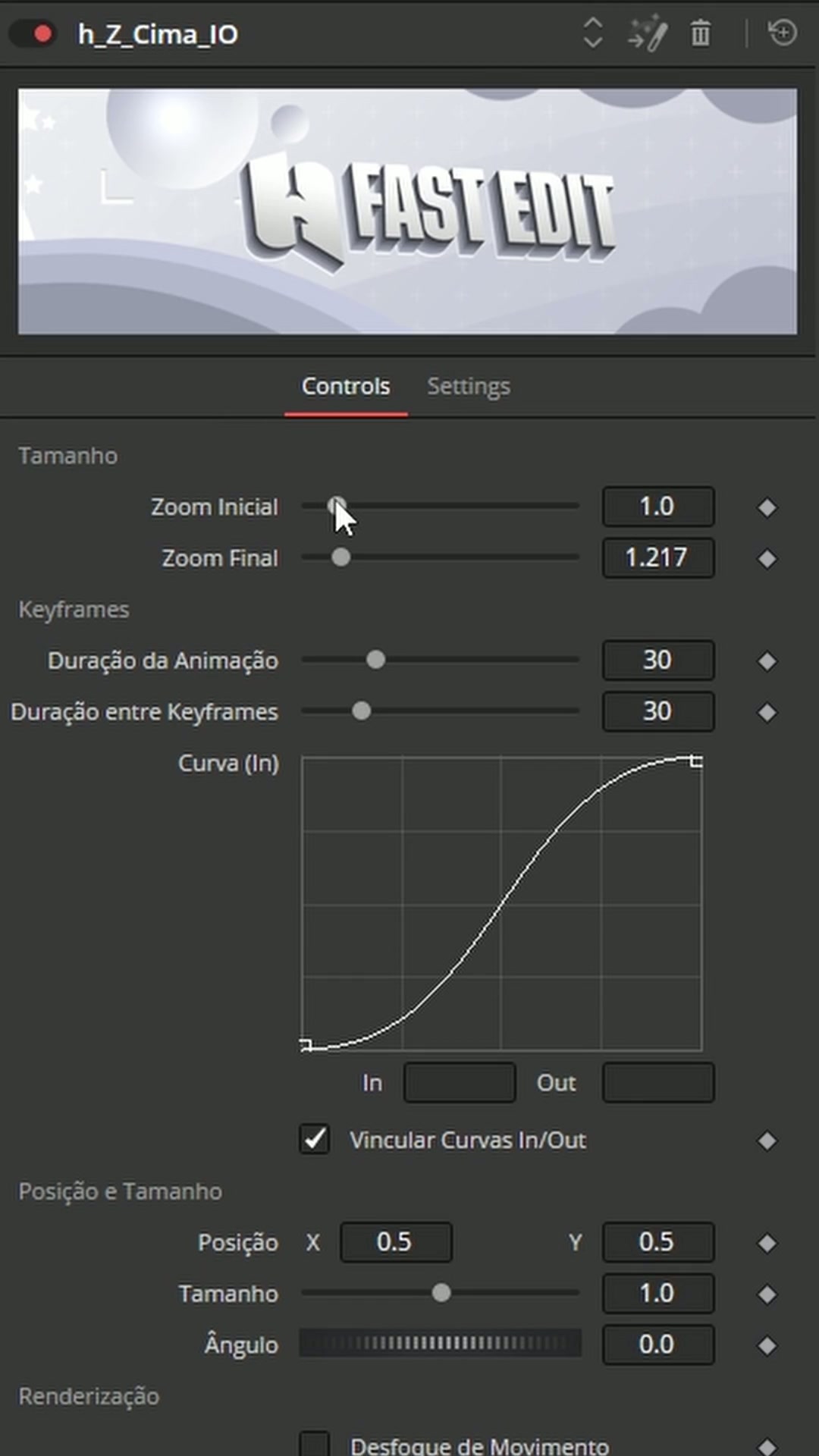 Abas de Duração de Animação e Splines no Inspector do DaVinci Resolve