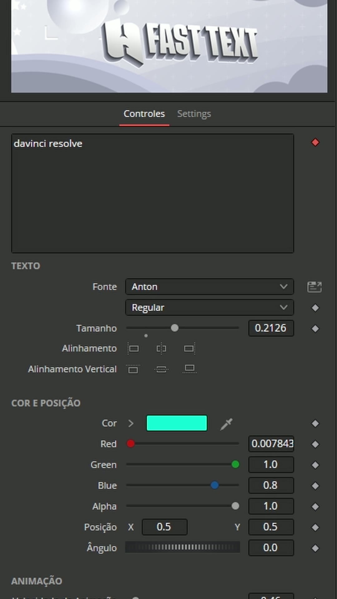 Controles do Fast Text no Inspector