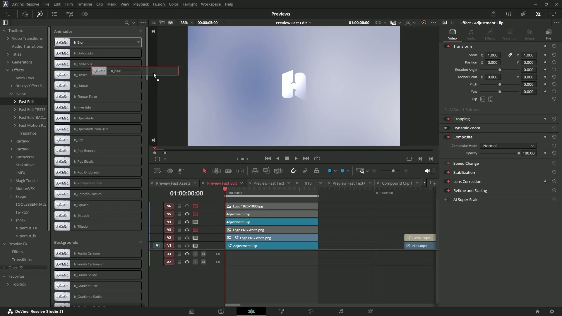 Fast Edit rodando na timeline do DaVinci Resolve
